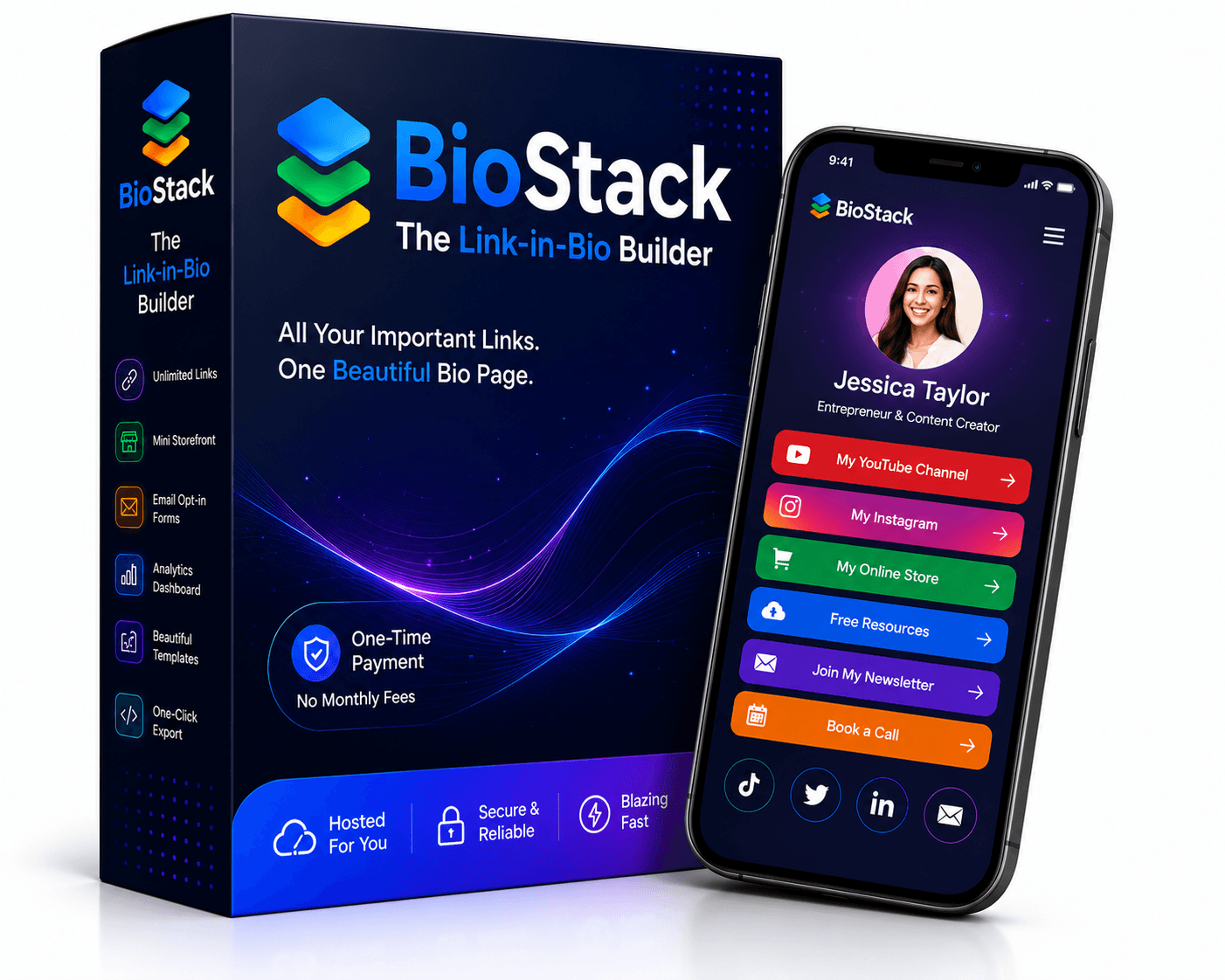 BioStack product box beside a finished bio page