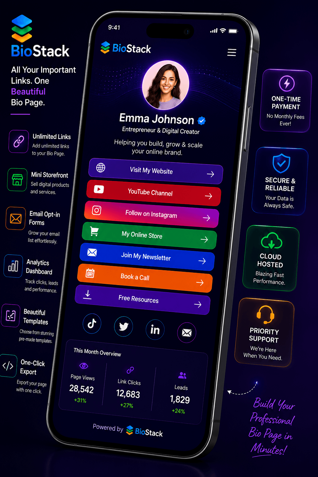 A finished BioStack bio page on a phone, ready to export and host anywhere