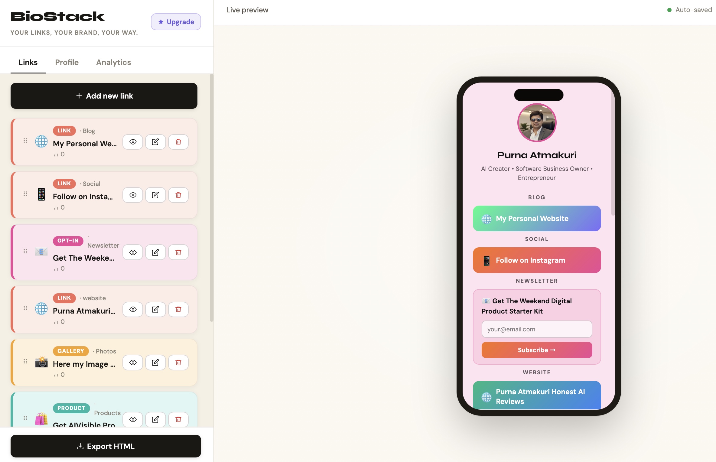 The BioStack builder interface, showing content blocks being added and arranged with a live phone preview