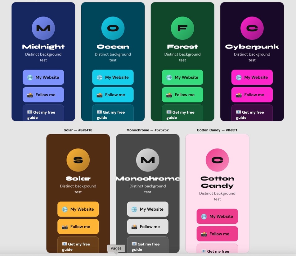 A selection of BioStack themes, showing the same bio page styled in several different colour schemes